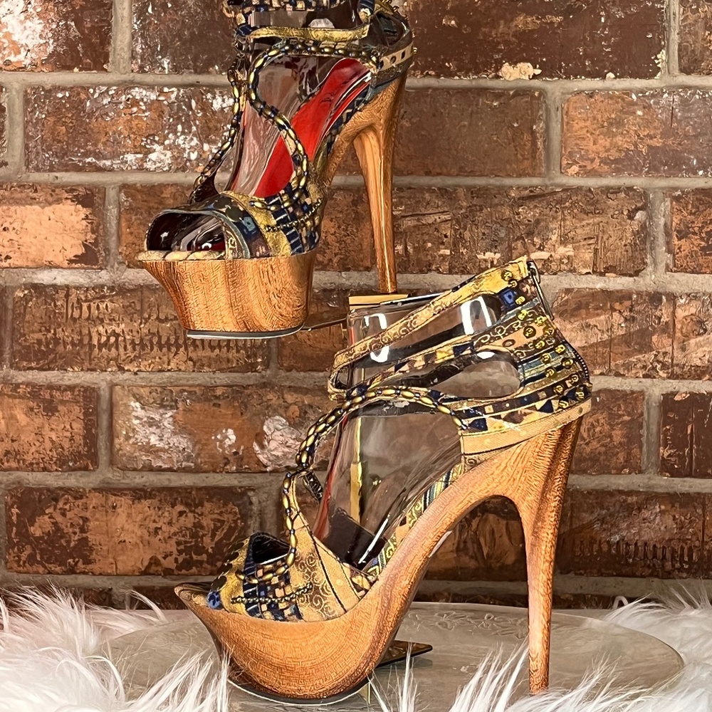 Brown/Tan/Blue Open Toe Platform Heels